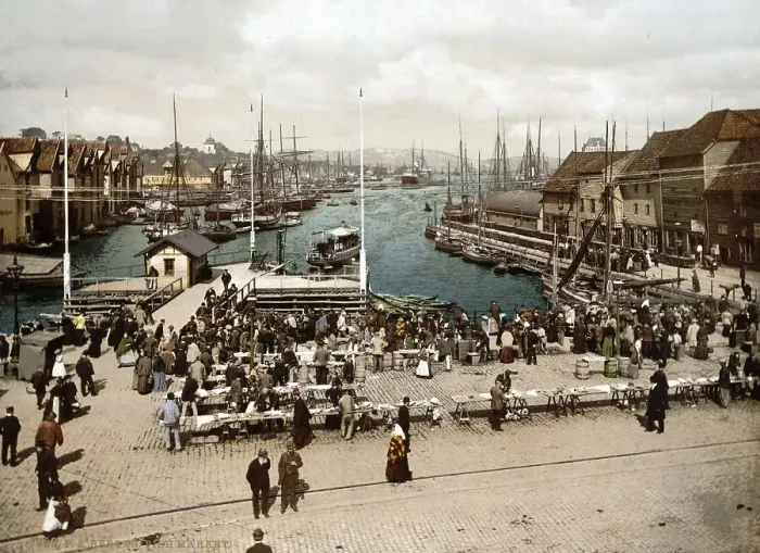 Framed Print : Fish market of Bergen, Norway, View from 1885