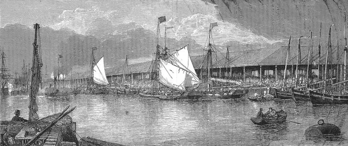 Framed Print : The fish market in the fishing harbour of Yarmouth in 1868