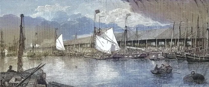 Framed Print : The fish market in the fishing harbour of Yarmouth in 1868