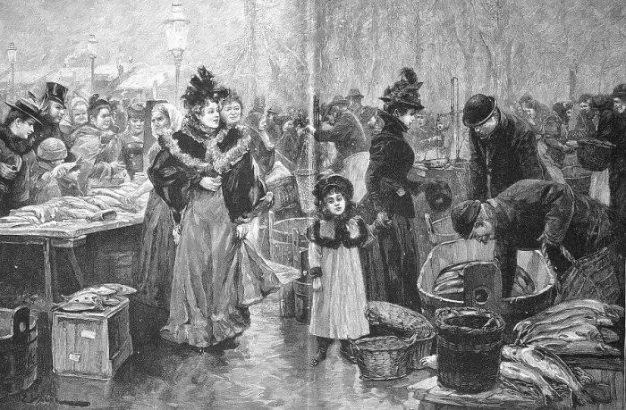 Framed Print : Fish market in Vienna, traders and customers of a market scene