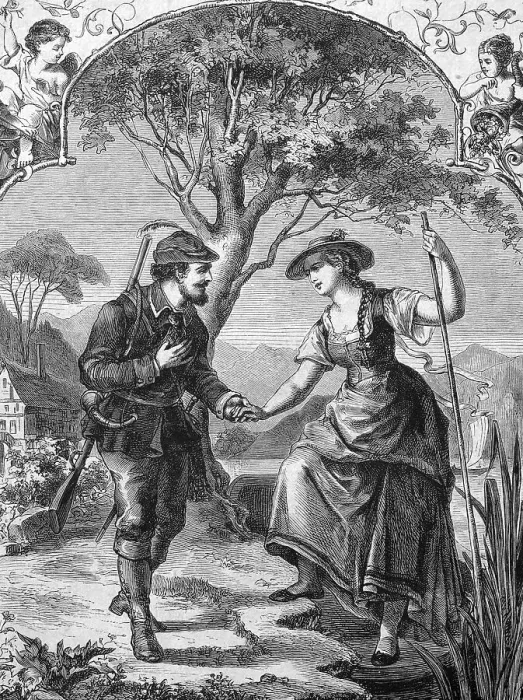 Framed Print : Fisher girl and hunter, historic illustration