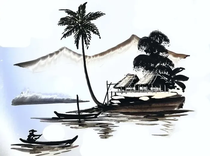 Framed Print : Fisherman with boats, hut, Historical landscape in Southeast Asia