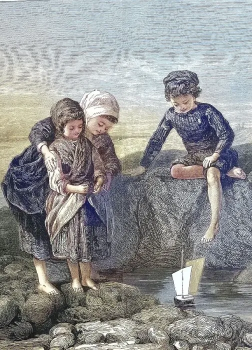 Framed Print : The fisherman's Children Playing by the Sea with a Toy Ship