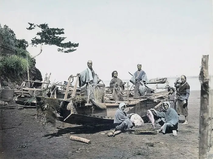 Framed Print : Fishermen and boat, Japan, Asia