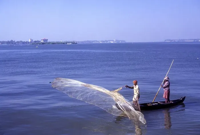 Framed Print : Fishermen at work, Backwaters of Kochi cochin