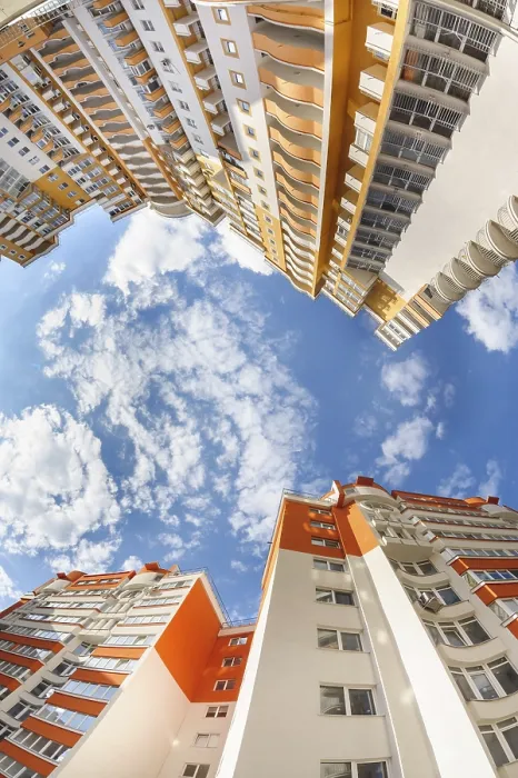 Framed Print : Fisheye shot of new apartments buildings exterior