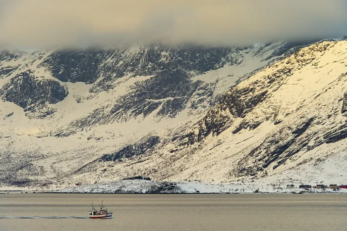 Framed Print : Fishing boat in winter Scandinavian landscape at the fjord Framed Print : Fishing boat in winter Scandinavian landscape at the fjord