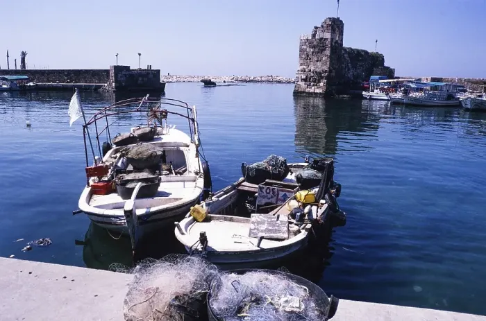 Framed Print : Fishing boats in the harbour of Byblos, Lebanon 1998
