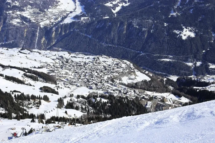 Framed Print : Fiss in Tyrol from above in winter
