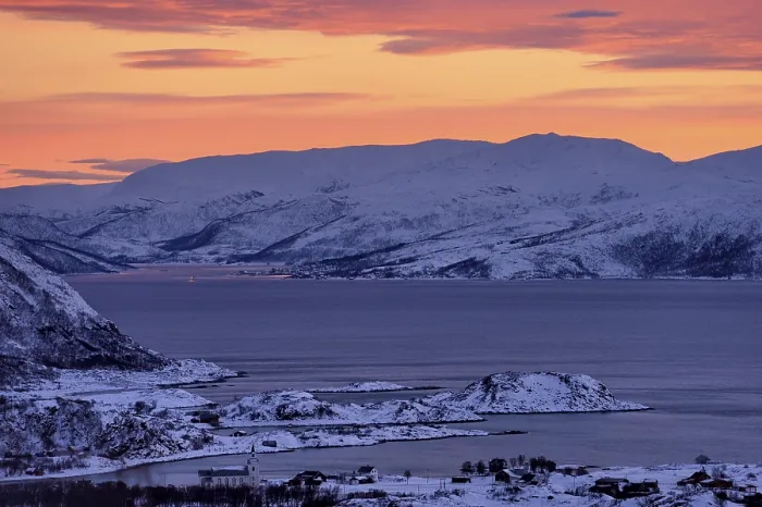 Framed Print : Fjord with islands in winter at sunset