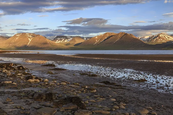 Framed Print : Fjord, low tide, stones, mountains