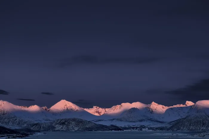 Framed Print : Fjord with mountain peaks during the blue hour