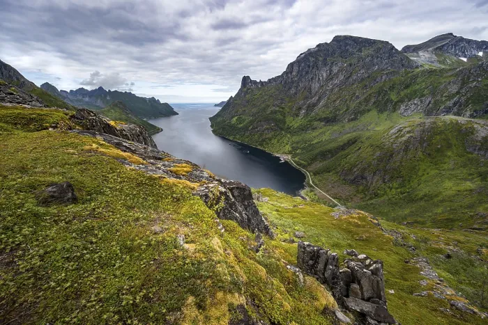 Framed Print : Fjord and mountains, view from Daven mountain
