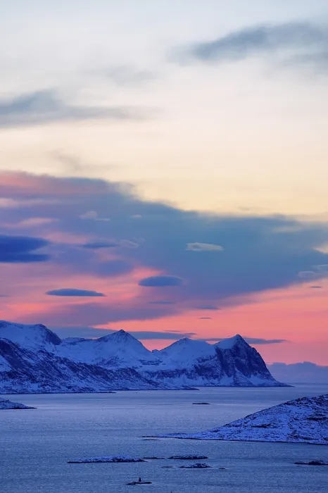 Framed Print : Fjord with mountains in winter at sunset