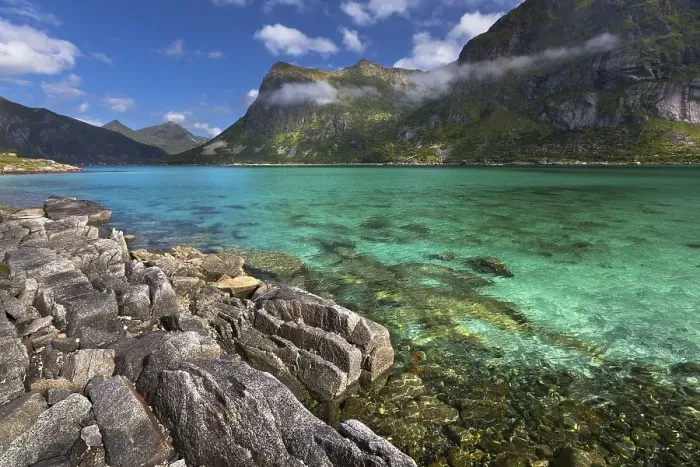 Framed Print : Fjord near Flakstad, Flakstadoy
