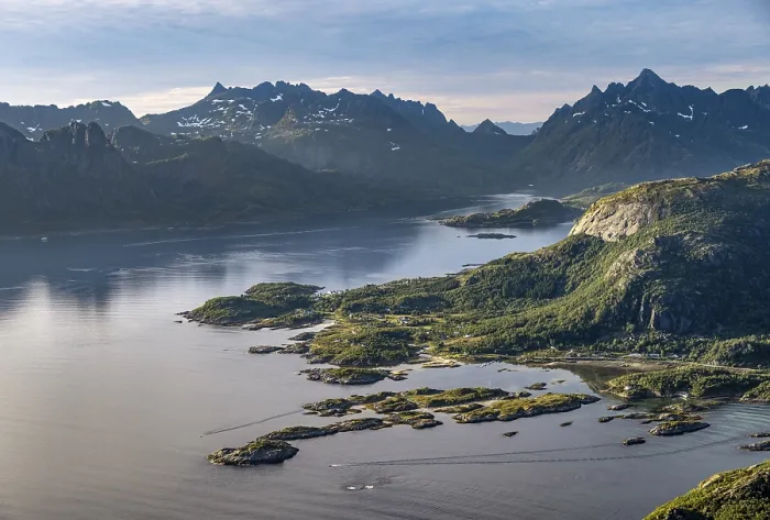 Framed Print : Fjord Raftsund and mountains in atmospheric evening light