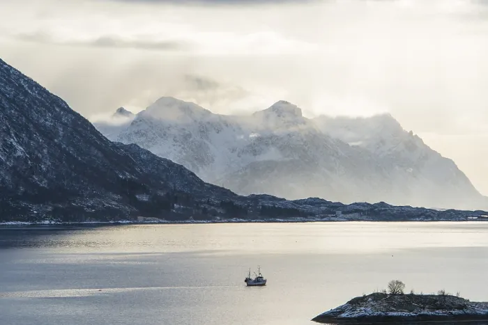 Framed Print : Fjord in winter, Austnesfjorden fjord