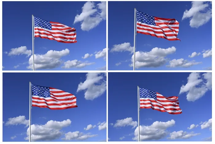 Framed Print : The flag of United States flutters in the wind in a blue sky with white clouds Framed Print : The flag of United States flutters in the wind in a blue sky with white clouds