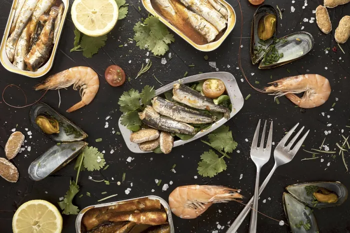 Framed Print : Flat lay assortment seafood with cutlery