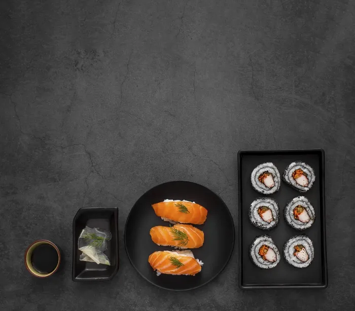 Framed Print : Flat lay plates with maki nigiri sushi with copy space