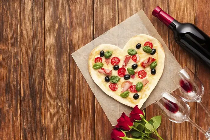 Framed Print : Flat lay romantic dinner table with pizza Framed Print : Flat lay romantic dinner table with pizza