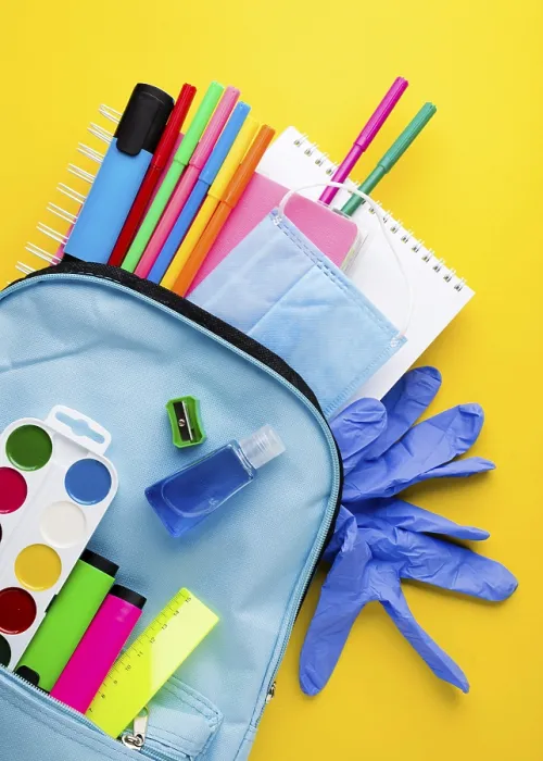Framed Print : Flat lay school essentials with gloves backpack Framed Print : Flat lay school essentials with gloves backpack