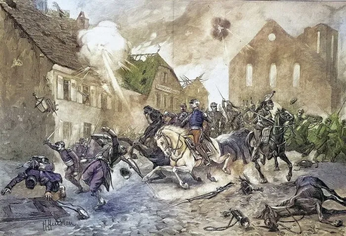 Framed Print : The Flight of Mac Mahon through Froeschweiler on 6 August 1870 after the Battle of Woerth