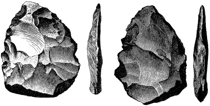 Framed Print : Flint tools, in side and top view, archaeological find from the Wookey Hole Caves, County Somerset, limestone cave, geology, history of mankind, England, historical illustration1880