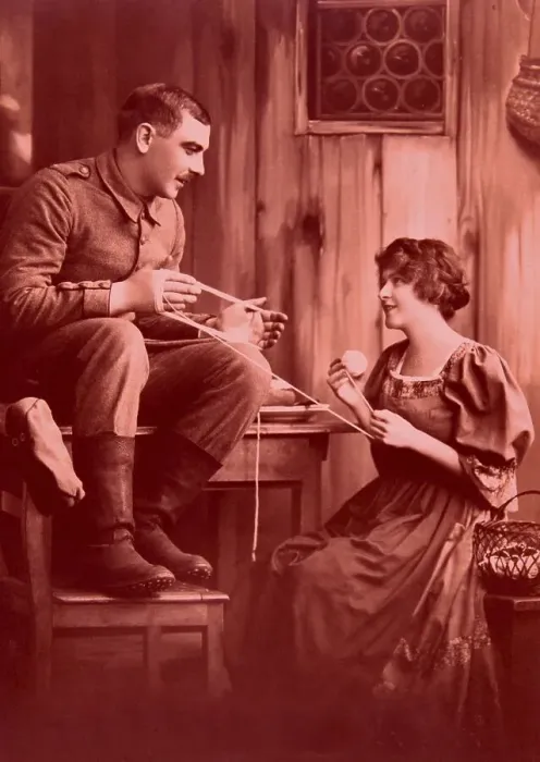 Framed Print : Flirt, couple flirts while crocheting