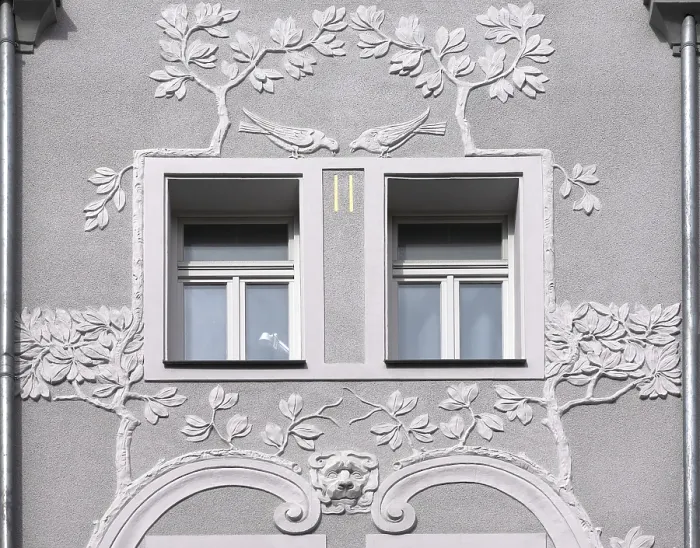 Framed Print : Floral art nouveau reliefs on a residential house from 1908 Framed Print : Floral art nouveau reliefs on a residential house from 1908