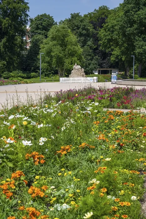 Framed Print : Flower bed and sand sculpture, Kaiser-Karls-Park