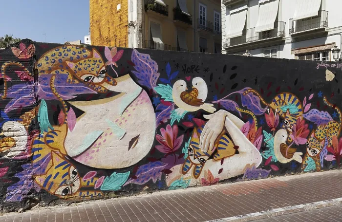 Framed Print : Flower girl with cats, graffito by the Valencian streetart artist Julieta xlf