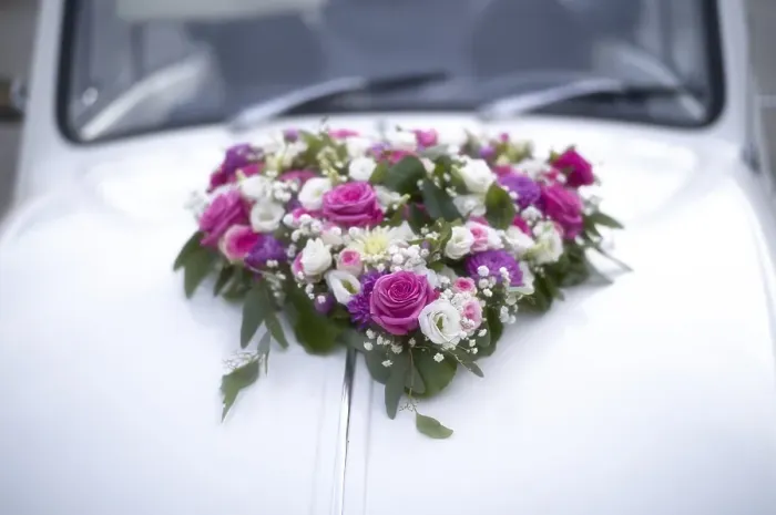 Framed Print : Flower heart, flower decoration on decorated wedding car