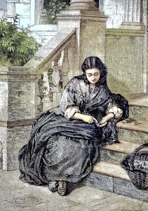 Framed Print : The flower seller sits on a troupe and counts her takings