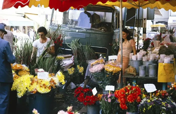Framed Print : Flower stand on the street in Troyes, France 1976