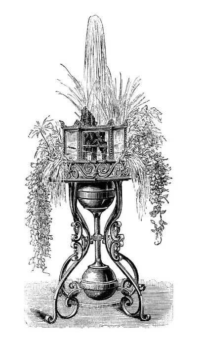Framed Print : Flower table with an automatic fountain and an octagonal aquarium