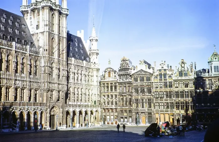 Framed Print : Flowers and plants on sale at a market in the city centre, Grote Markt or Grand Place Market, Brussels, Belgium, 1979, Europe