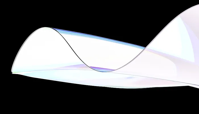Framed Print : A fluid, glass wave form gracefully curves across a black background