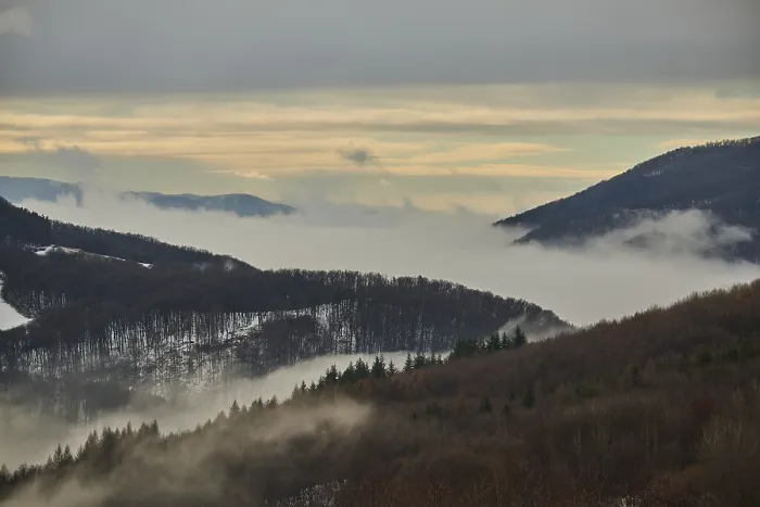 Framed Print : Fog lying in a valley at sunset Framed Print : Fog lying in a valley at sunset