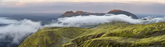 Framed Print : Fog between mountains, moss-covered volcanic mountain landscape