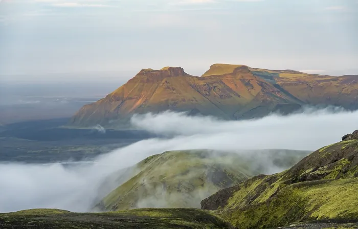 Framed Print : Fog between mountains, moss-covered volcanic mountain landscape