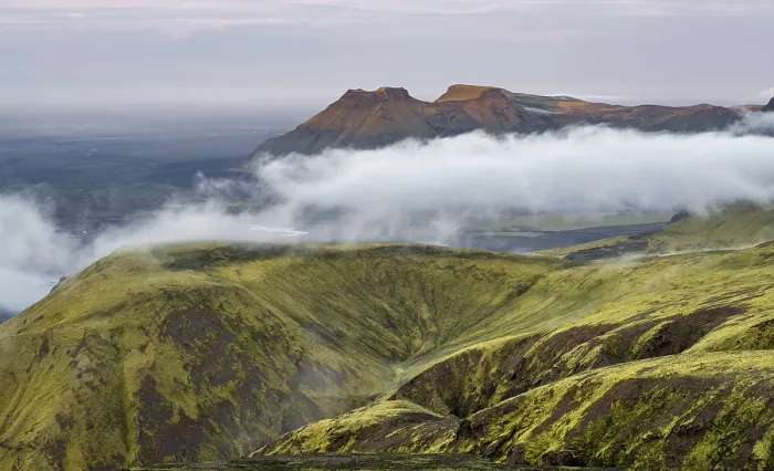 Framed Print : Fog between mountains, moss-covered volcanic mountain landscape