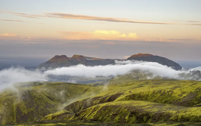 Framed Print : Fog between mountains, moss-covered volcanic mountain landscape