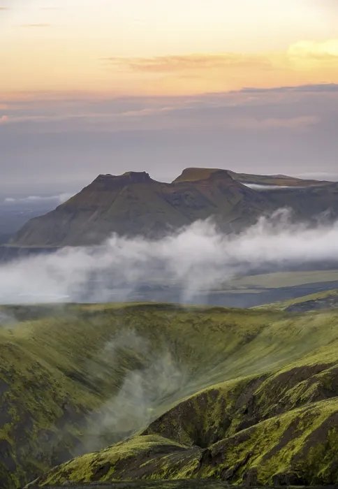 Framed Print : Fog between mountains, moss-covered volcanic mountain landscape