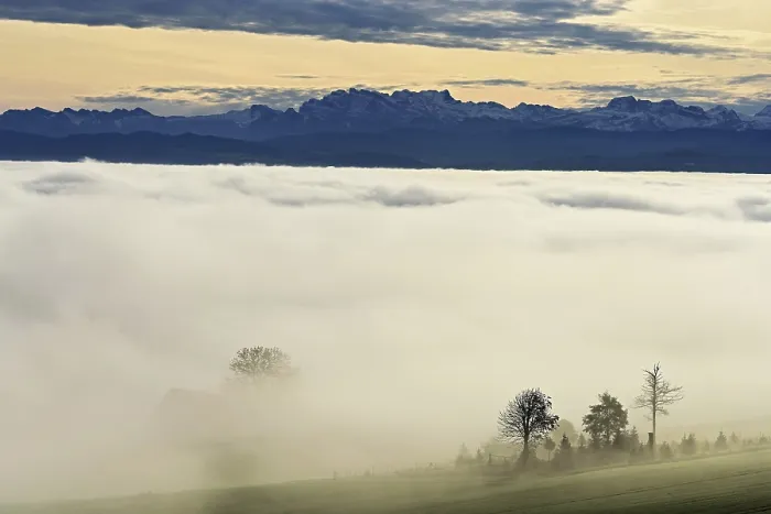 Framed Print : Fog over the Reuss valley, behind the snow-covered Alps