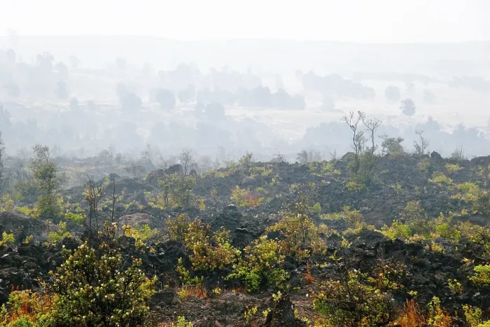 Framed Print : Foggy landscape of the valley, where the volcano was