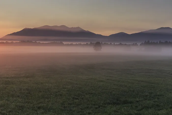 Framed Print : Foggy mood, morning light, mountains