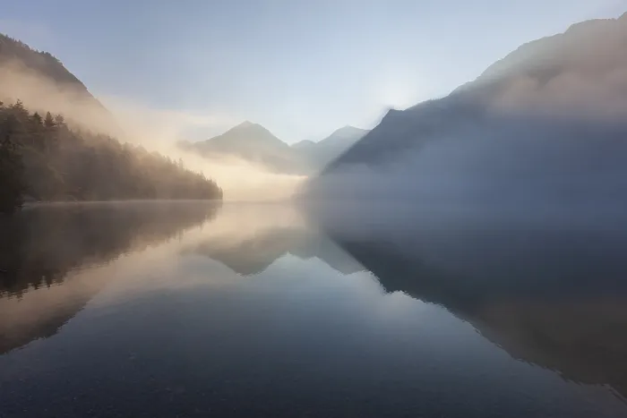 Framed Print : Foggy mood and reflection of mountains in mountain lake Framed Print : Foggy mood and reflection of mountains in mountain lake