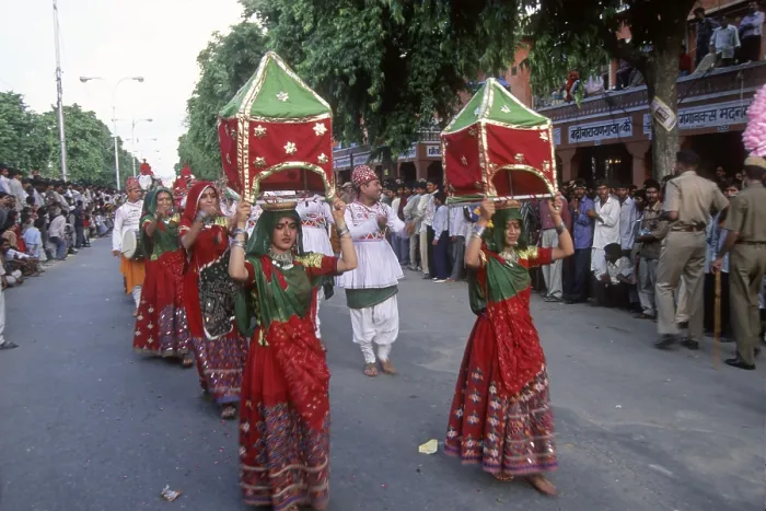 Framed Print : Folk dancers performing in teej festival