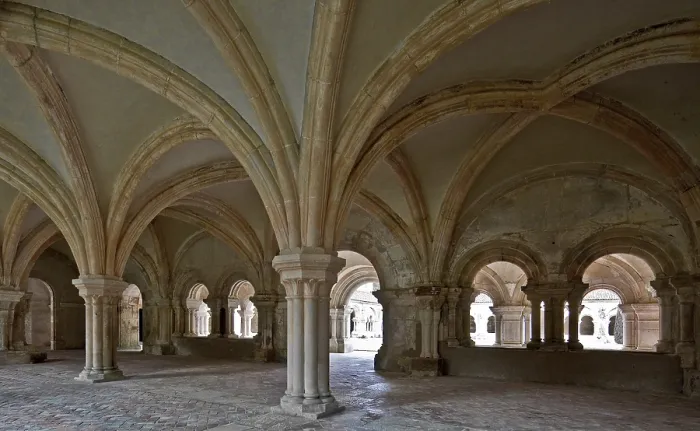 Framed Print : Fontenay former Cistercian monastery chapter house interior with view of the cloister Framed Print : Fontenay former Cistercian monastery chapter house interior with view of the cloister
